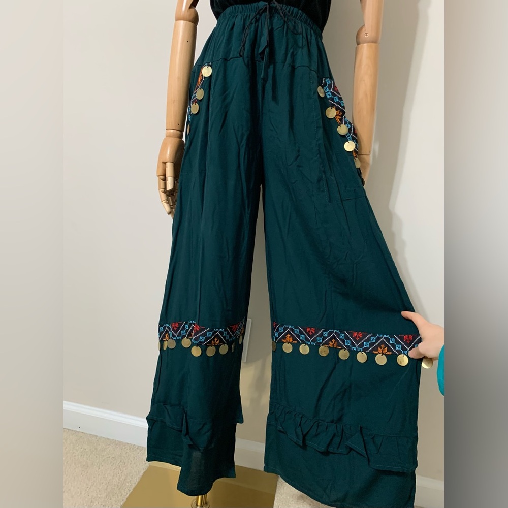 Teal / Petroleum Green Hobo Tatreez Wide Leg Pants